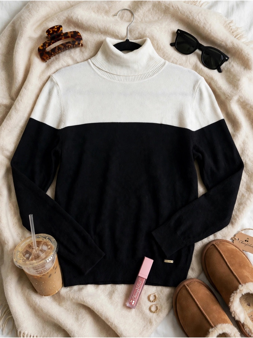 Calvin Klein Colorblock Turtleneck Sweater XL Black Cream M8VS6092